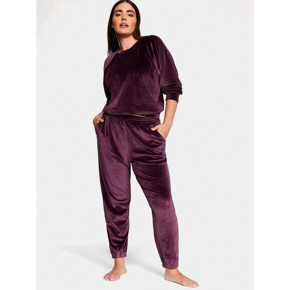 Victorias Secret Velour Lounge Set Purple Ribbed Crewneck Jogger TOP M/PANTS S - Picture 1 of 16